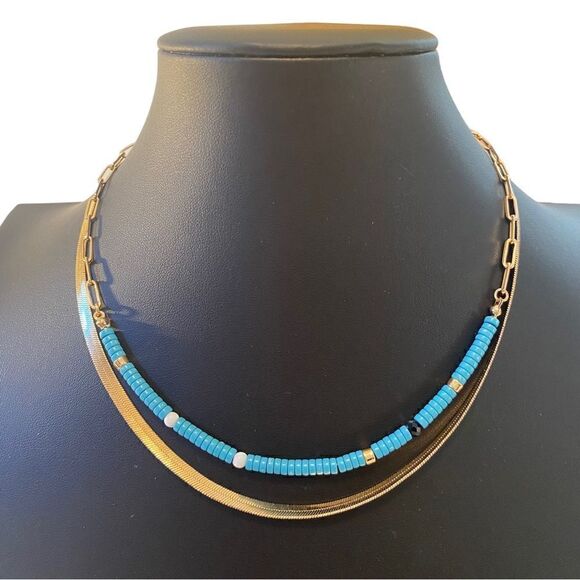 Herringbone Chain & Faux Turquoise Beaded Layer Necklace. - Picture 1 of 5